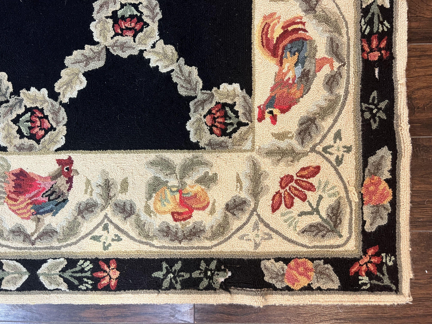 Hooked Rug 5x8, European Aubusson Pattern, Black and Ivory, Roses & Roosters, Vintage Wool Rug