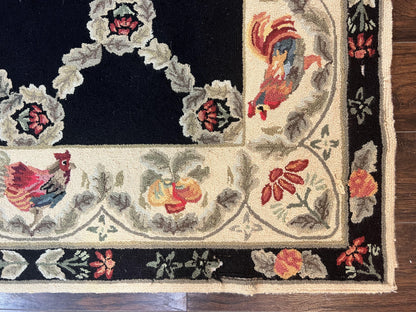 Hooked Rug 5x8, European Aubusson Pattern, Black and Ivory, Roses & Roosters, Vintage Wool Rug