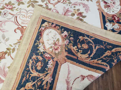 Chinese Aubusson Savonnerie Area Rug 6x8, Vintage Hand-Woven Needlepoint Rug, Flat Weave Handmade Wool Carpet Living Room Ivory & Navy Blue