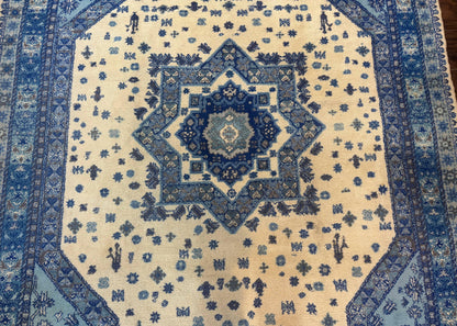 Moroccan Rug 7x10, Geometric Medallion, Blue and Ivory