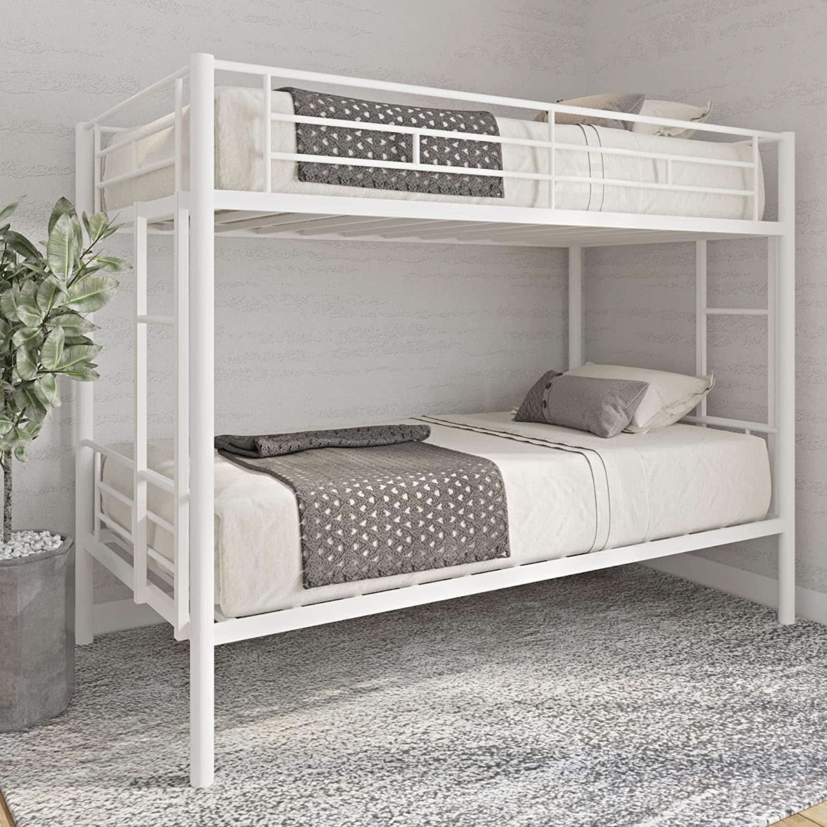 Twin Over Twin Metal Bunk Bed With 2 Ladders White
