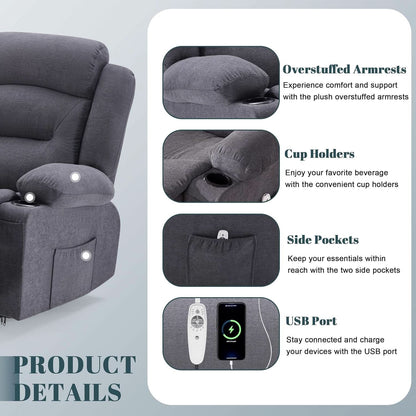 Oversized Charcoal Grey Recliner Sofa With USB Port And Heated Massage