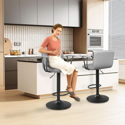 Bar Stools 2 Adjustable Swivel With Back Grey PU Leather