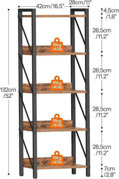 Industrial 5-Tier Bookshelf With Metal Frame 52-Inch Brown