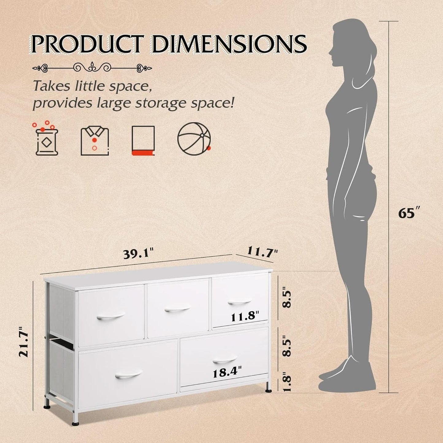 White TexturedFabric Dresser With Five Deep Drawers