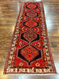Persian Heriz Runner Rug 3.7 x 11, Persian Tribal Runner, Handmade Wool, Medallions, Geometric, Red, Antique Vintage Hand Knotted Rug