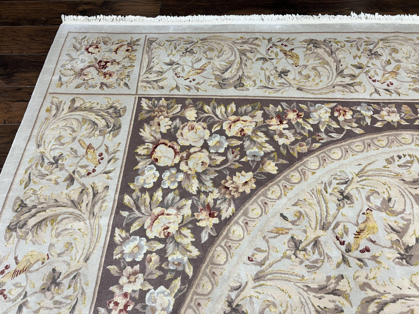 Aubusson Rug 10x14, Wool & Silk Highlights Hand Knotted Vintage Carpet, Birds Flowers, Fine Details, Elegant