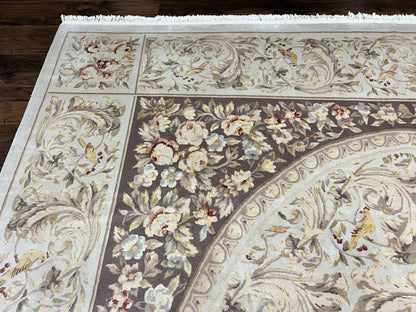 Aubusson Rug 10x14, Wool & Silk Highlights Hand Knotted Vintage Carpet, Birds Flowers, Fine Details, Elegant