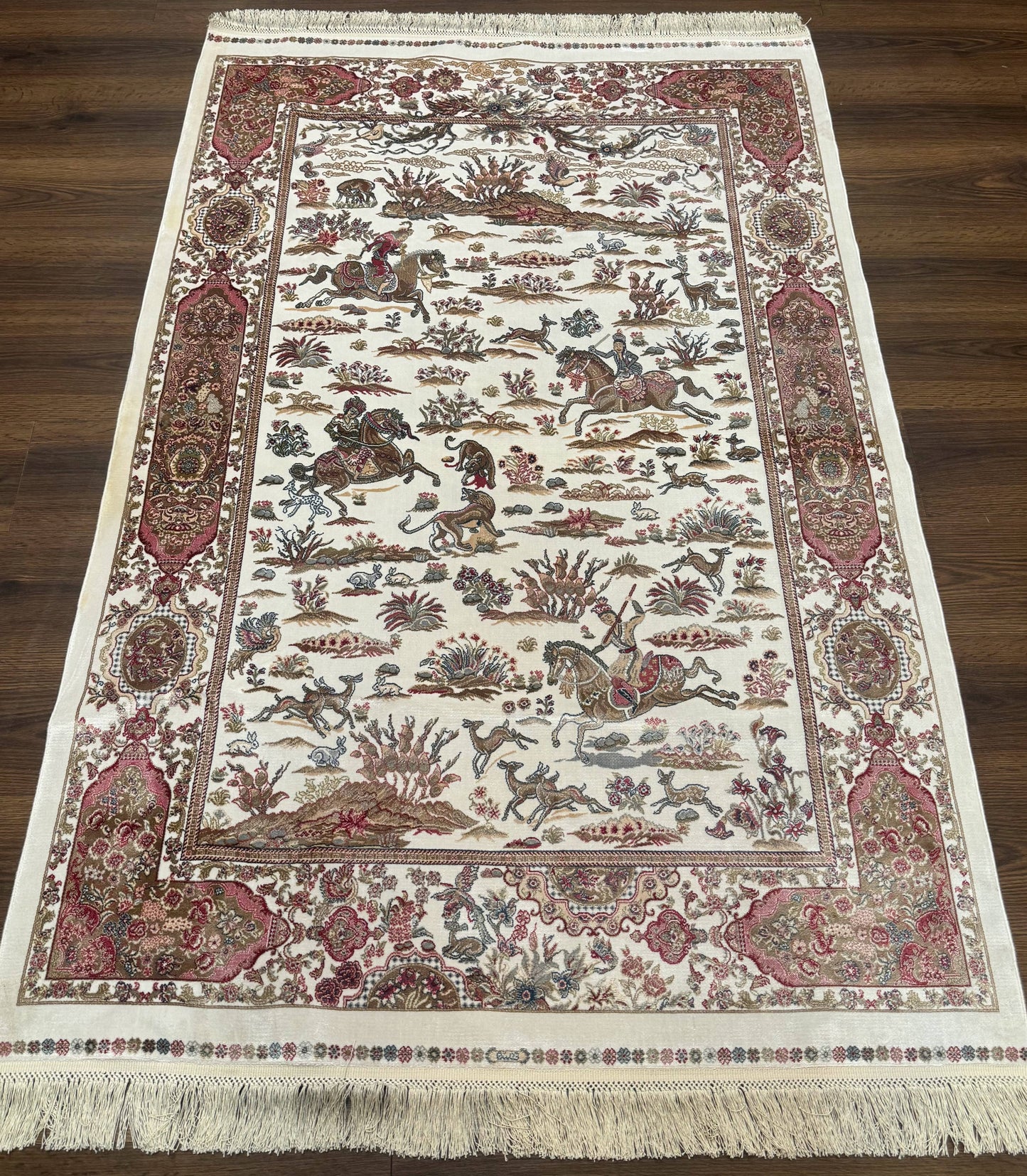 Turkish Silk Hunting Scene Rug 4x6, Ivory, Bamboo Silk, New