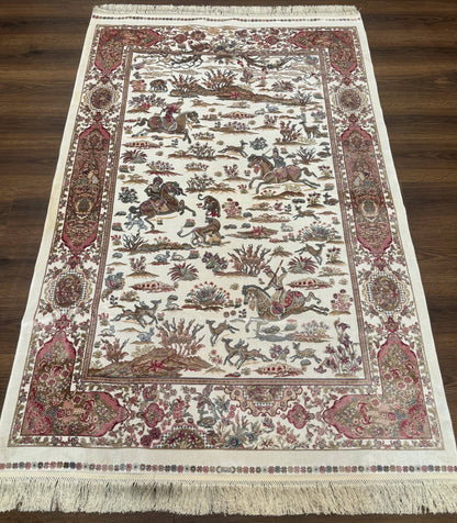 Turkish Silk Hunting Scene Rug 4x6, Ivory, Bamboo Silk, New