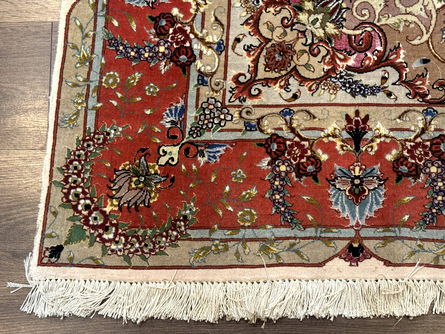 Wonderful Persian Tabriz Rug 5x7, Very Fine 440 KPSI, Ivory and Coral, Rare