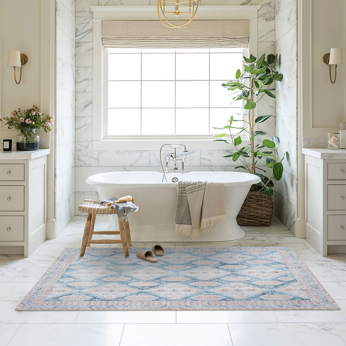 Samara Cream Blue Distressed Turkish Rug