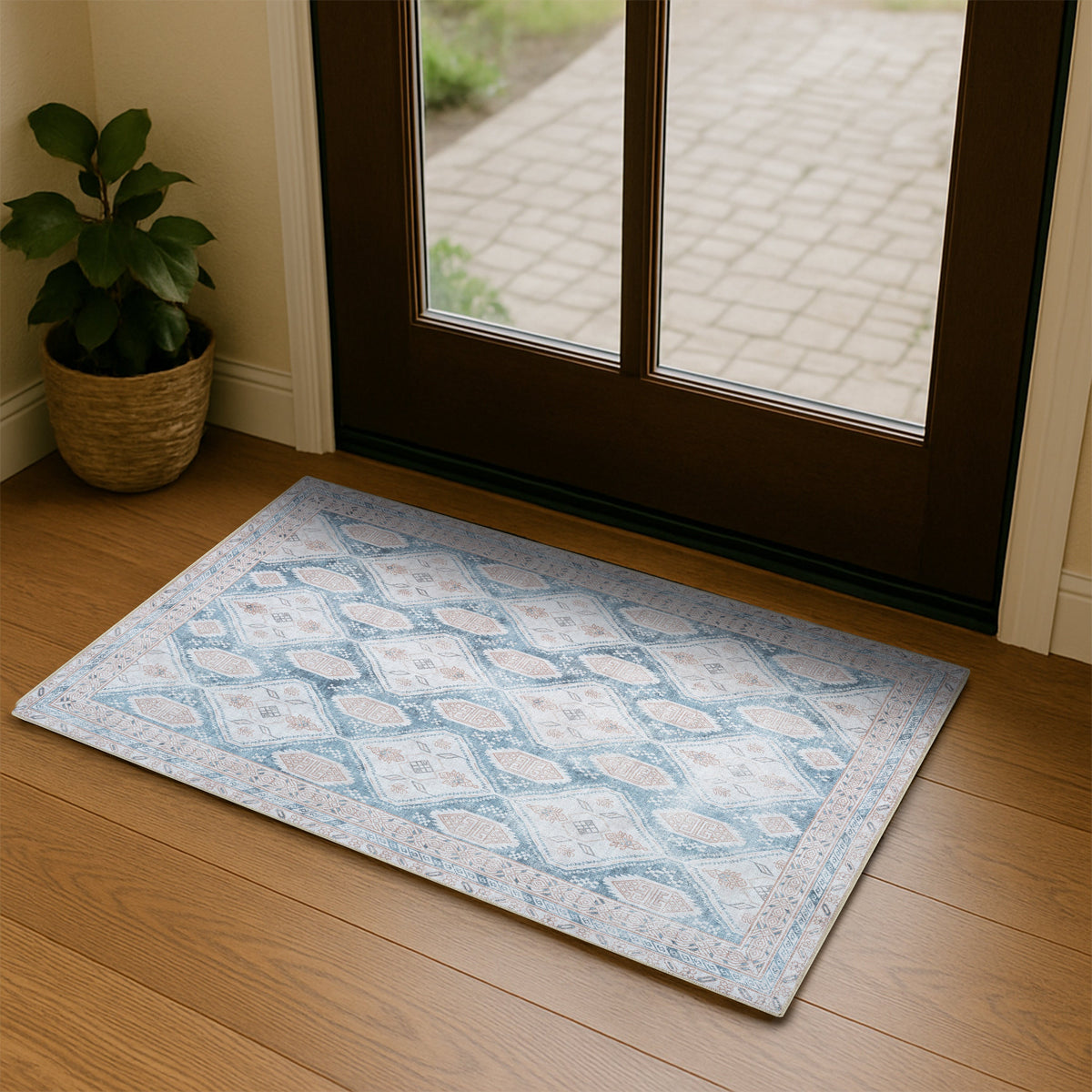 Samara Cream Blue Distressed Turkish Rug