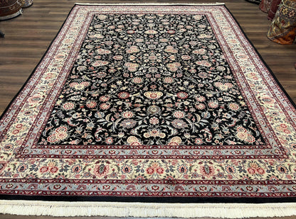 Pak Persian Rug 9x12, Floral Allover, Hand Knotted Oriental Carpet 9 x 12 ft, Black and Cream, Detailed, Wool with Silk Highlights, Vintage