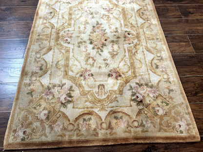Chinese Aubusson Rug 3.6 x 5, Beige and Gold, Handmade Vintage Elegant European Design Carpet, Plush Wool, Handmade