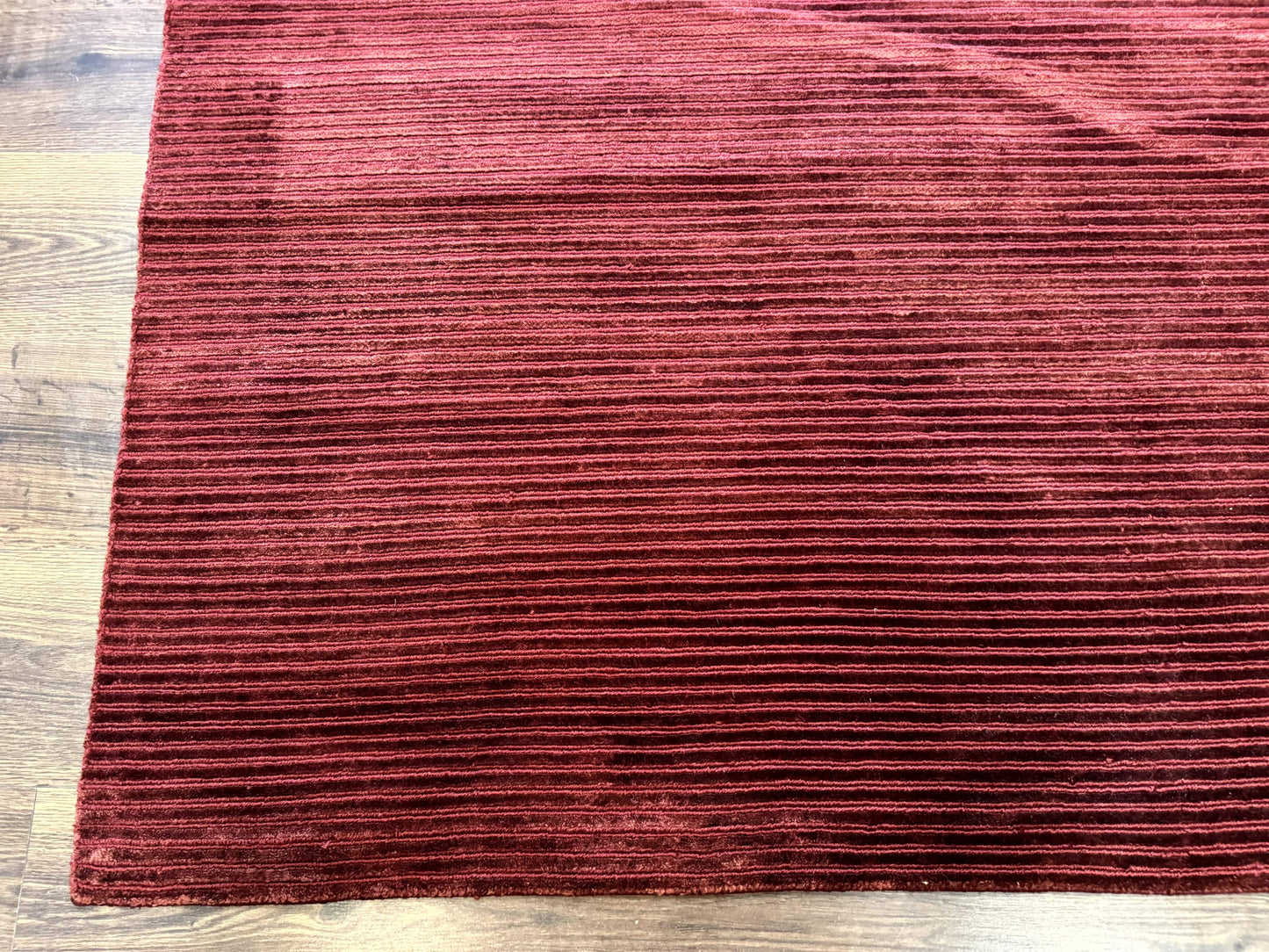 Modern Tibetan Rug 8x10, Red, Stripes, Handmade Wool Thick Pile Carpet