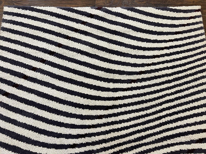 Vintage Zebra Stripes Shag Rug 5.7 x 7.4, Black and White, Retro, Wool