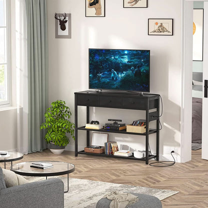 Black Console Table With USB Ports And Outlets For Living Room