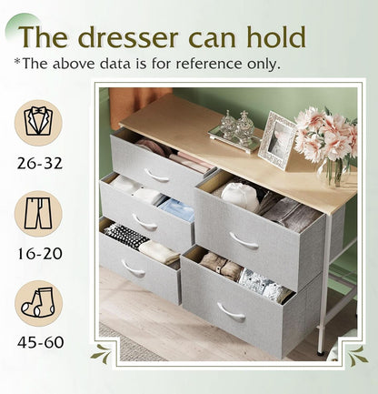 Light Grey Fabric Dresser With 5 Drawers And Drawer Organizers