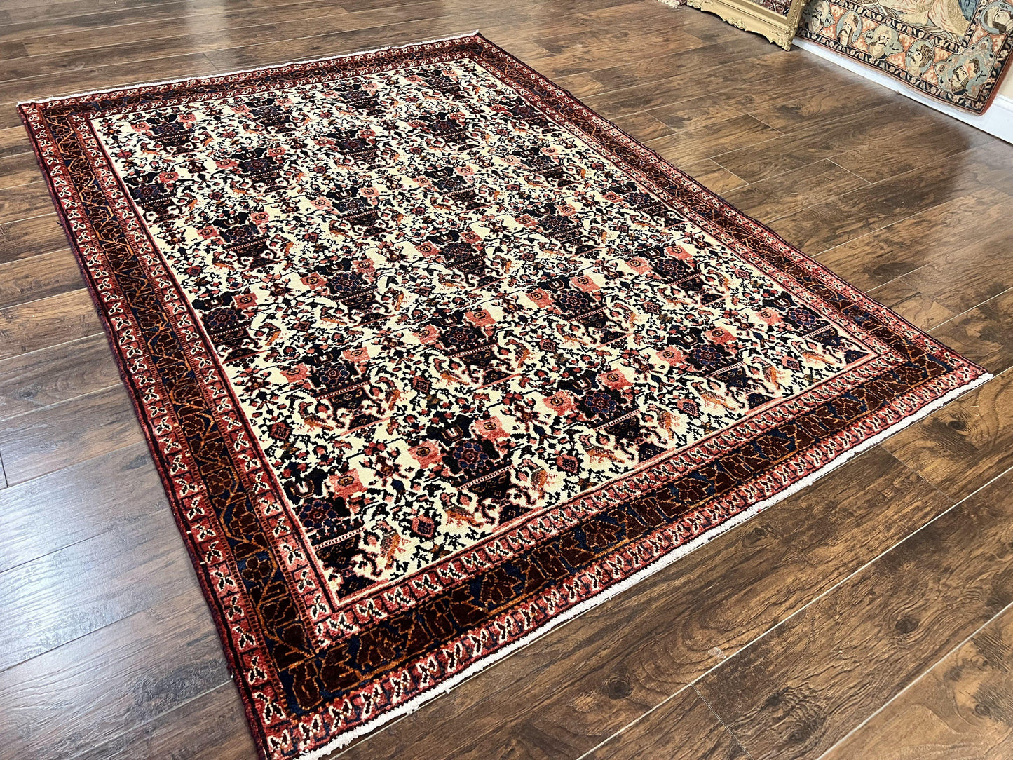 Persian Afshar Rug 6x8, Wool Hand Knotted Semi Antique Vintage Carpet, Floral Allover, Repeated Birds Flowers Vases Motifs