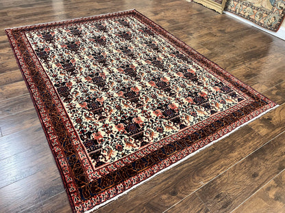 Persian Afshar Rug 6x8, Wool Hand Knotted Semi Antique Vintage Carpet, Floral Allover, Repeated Birds Flowers Vases Motifs