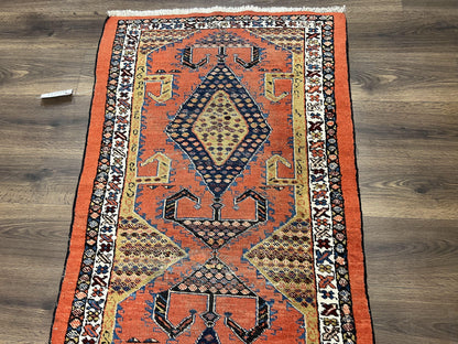 Rare Persian Tribal Runner Rug 3 x 11, Sarab Serab Persian Runner, Antique 1920s Collectible Geometric Medallions Oriental Wool Runner, Hand Knotted, Bright Orange-Red
