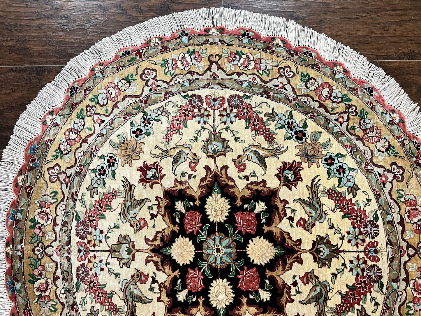 Silk Persian Tabriz Round Rug 3x3 ft, Very Fine Hand Knotted Carpet 380 KPSI, Cream & Gold, Bird Pictorials, Floral, Rare