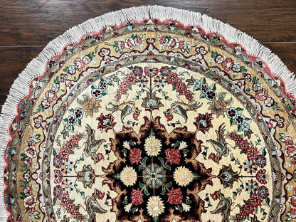 Silk Persian Tabriz Round Rug 3x3 ft, Very Fine Hand Knotted Carpet 380 KPSI, Cream & Gold, Bird Pictorials, Floral, Rare