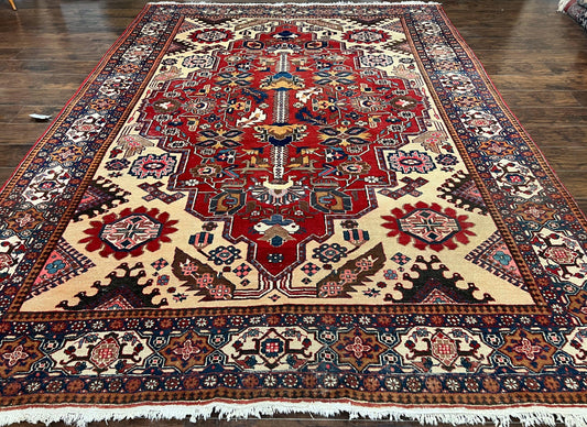 Antique Persian Heriz Rug 8x12 ft, Geometric Tribal Room Sized Carpet, Camel Hair Red Navy Blue, Wool Hand Knotted Medallion Oriental Carpet