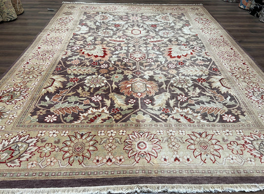 Vintage Indian Rug 9x12, Sultanabad Area Rug 9 x 12, Wool Hand Knotted Living Room Oriental Carpet, Eggplant and Khaki Color, Teawashed Rug