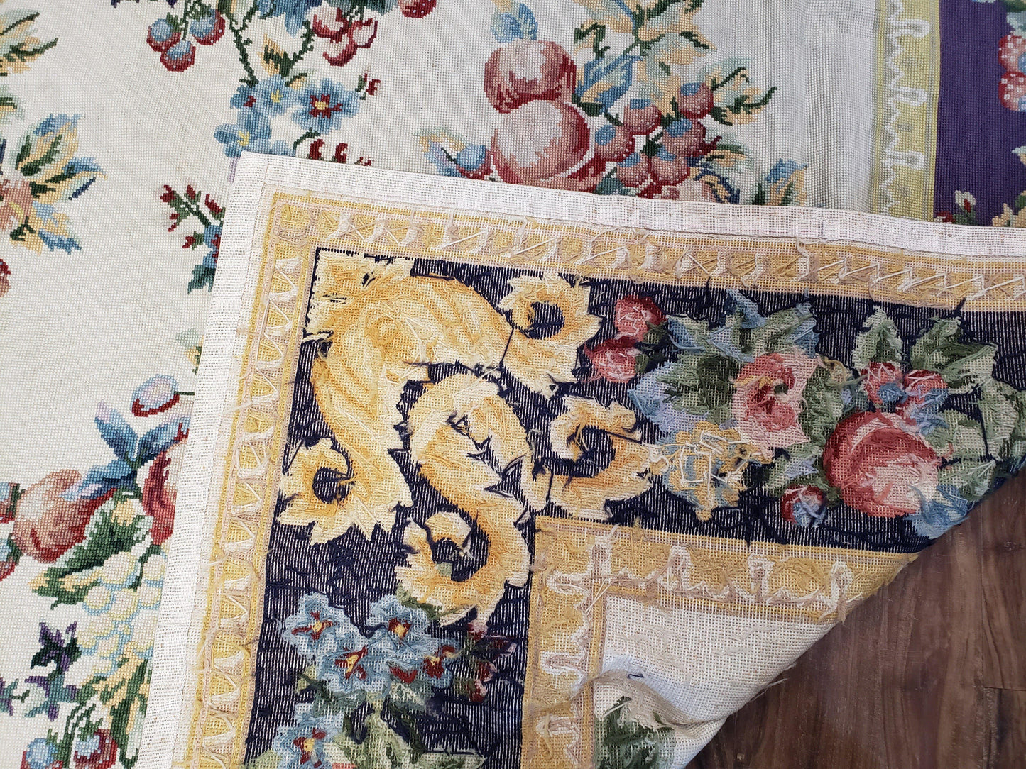 Vintage Chinese Floral Needlepoint Area Rug 6x9, Wool Hand-Woven Handmade Flatweave Rug, Ivory & Purple, Fruits Grapes Apples, Dining Room