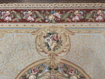 Needlepoint Rug 8x10, Aubusson Savonnerie European Carpet, Floral, Elegant