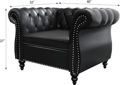 Two Piece Chesterfield Leather Living Room Set With Black Leather Loveseat And Chair