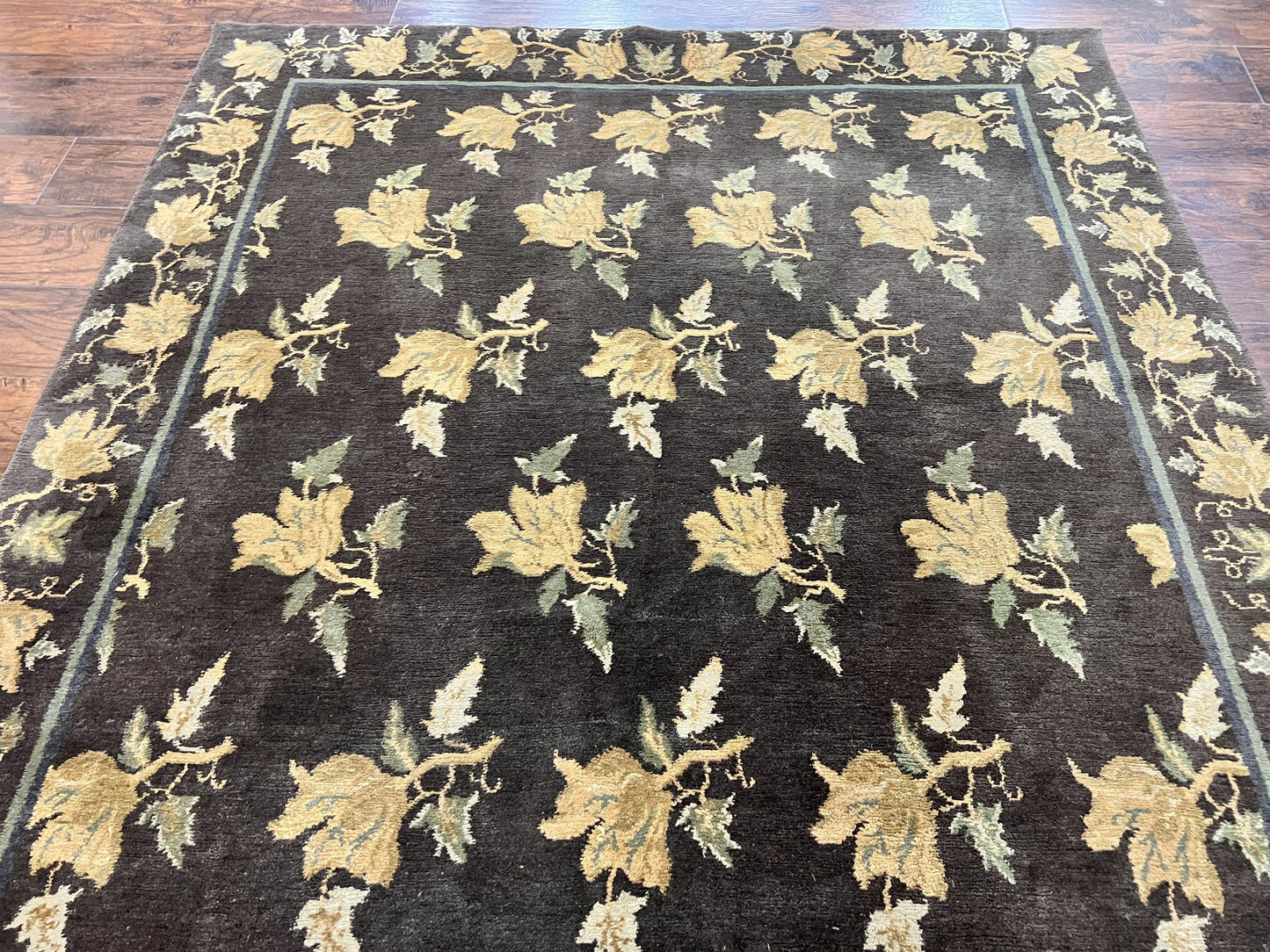 Tibetan Nepal Rug 6x9, Wool Hand Knotted Vintage Carpet 6 x 9, Dark Green & Golden Yellow, Floral Bouquets