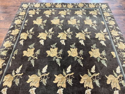 Tibetan Nepal Rug 6x9, Wool Hand Knotted Vintage Carpet 6 x 9, Dark Green & Golden Yellow, Floral Bouquets