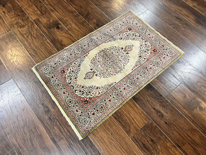 Silk Turkish Kayseri Rug 2x3, Very Finely Hand Knotted, Semi Open Field, Vintage, Silk Pile on Silk Foundation, 300 KPSI
