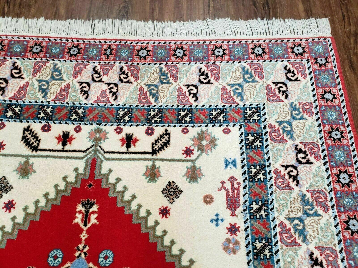 Vintage Moroccan Carpet 5x7 Area Rug, Berber Rug, Handmade Soft Wool Rug, Red Ivory and Blue, Geometric Medallion Rug, Bohemian Rug, Nice