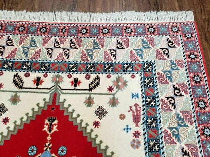 Vintage Moroccan Carpet 5x7 Area Rug, Berber Rug, Handmade Soft Wool Rug, Red Ivory and Blue, Geometric Medallion Rug, Bohemian Rug, Nice