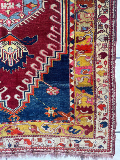 Hand-Knotted Antique Turkish Melas Wool Rug – 4'3" x 5'11" – Vibrant Geometric Motifs