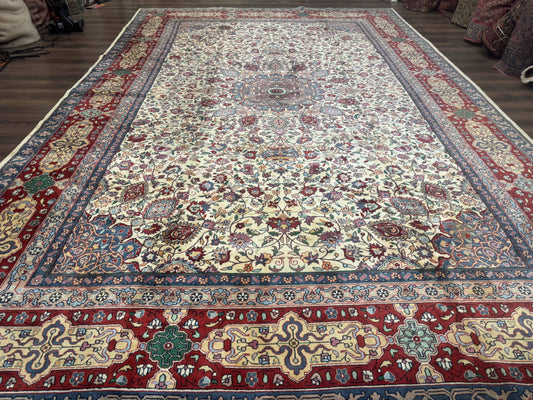 Persian Mashad Rug 10x16, Palace Size Handmade Wool Carpet, Cream Red, Floral Medallion, Vintage