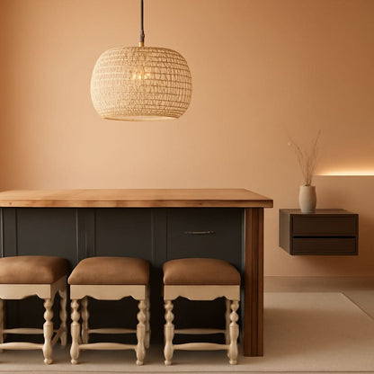 Rattan Farmhouse 5 Light Chandelier With Fabric Shade