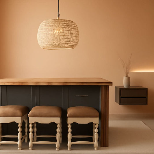 Rattan Farmhouse 5 Light Chandelier With Fabric Shade