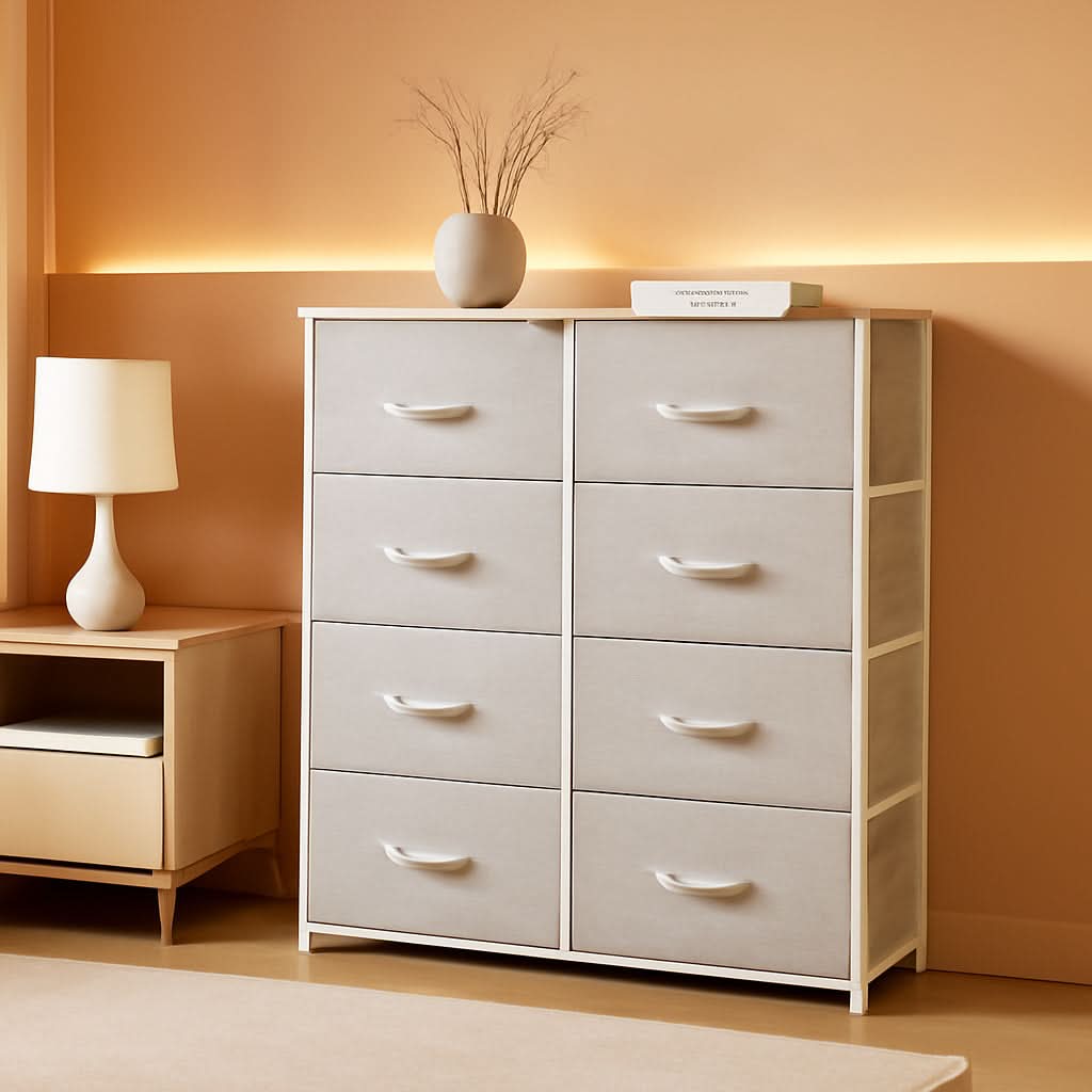 Bedroom Tall Linen Textured Fabric Dresser Drawers