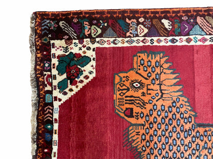 Antique Persian Gabbeh Wool Rug 4x5, Lion Pictorial Rug, Red Orange Black, Hand Knotted Handmade Vintage Gabbeh Carpet 4 x 5 ft, Tribal Rug