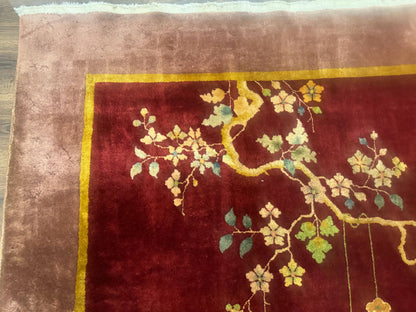 Red Chinese Art Deco Rug 9x11, Simple Design, Wool Chinese Area Rug, Antique