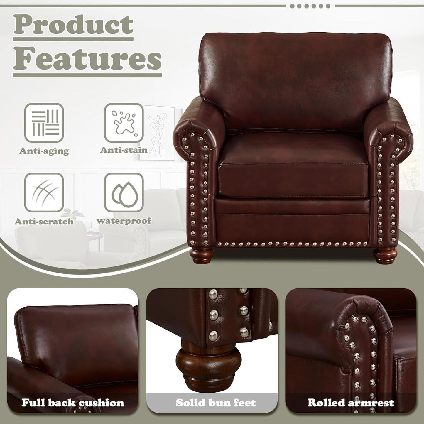 Two Piece Upholstered PU Leather Sofa Set With Hidden Storage Red Brown Mid Century Modern Living Room Furniture