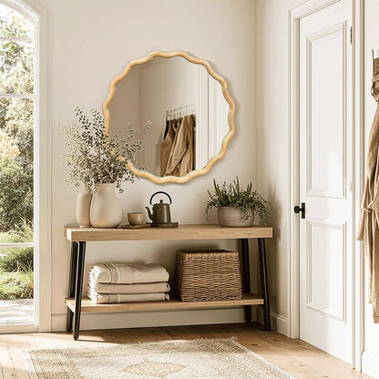 Round Wood Wall Mirror 24 Inch Shatterproof Glass Mounted