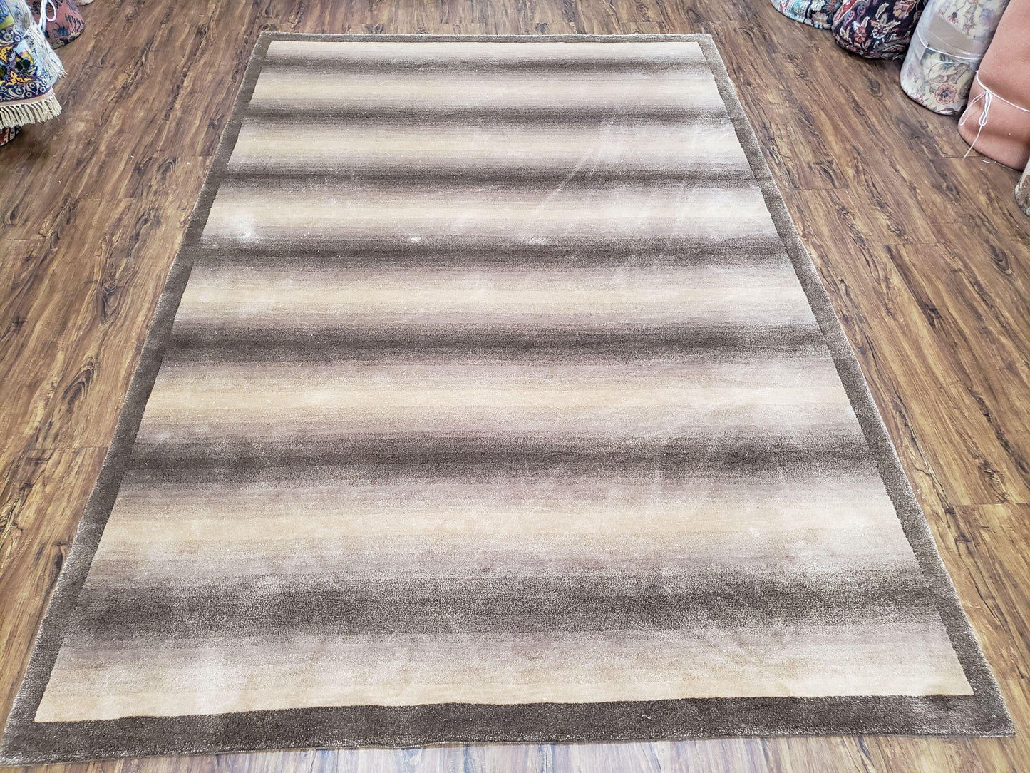 Vintage Safavieh Tibetan Indian Rug 6x9, Nepal Rug, Handmade, Striped Rug, Brown & Beige, 6x9 Oriental Carpet, Wool, Soft