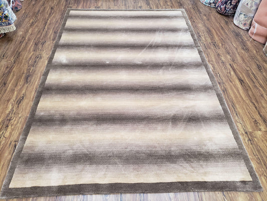 Vintage Safavieh Tibetan Indian Rug 6x9, Nepal Rug, Handmade, Striped Rug, Brown & Beige, 6x9 Oriental Carpet, Wool, Soft