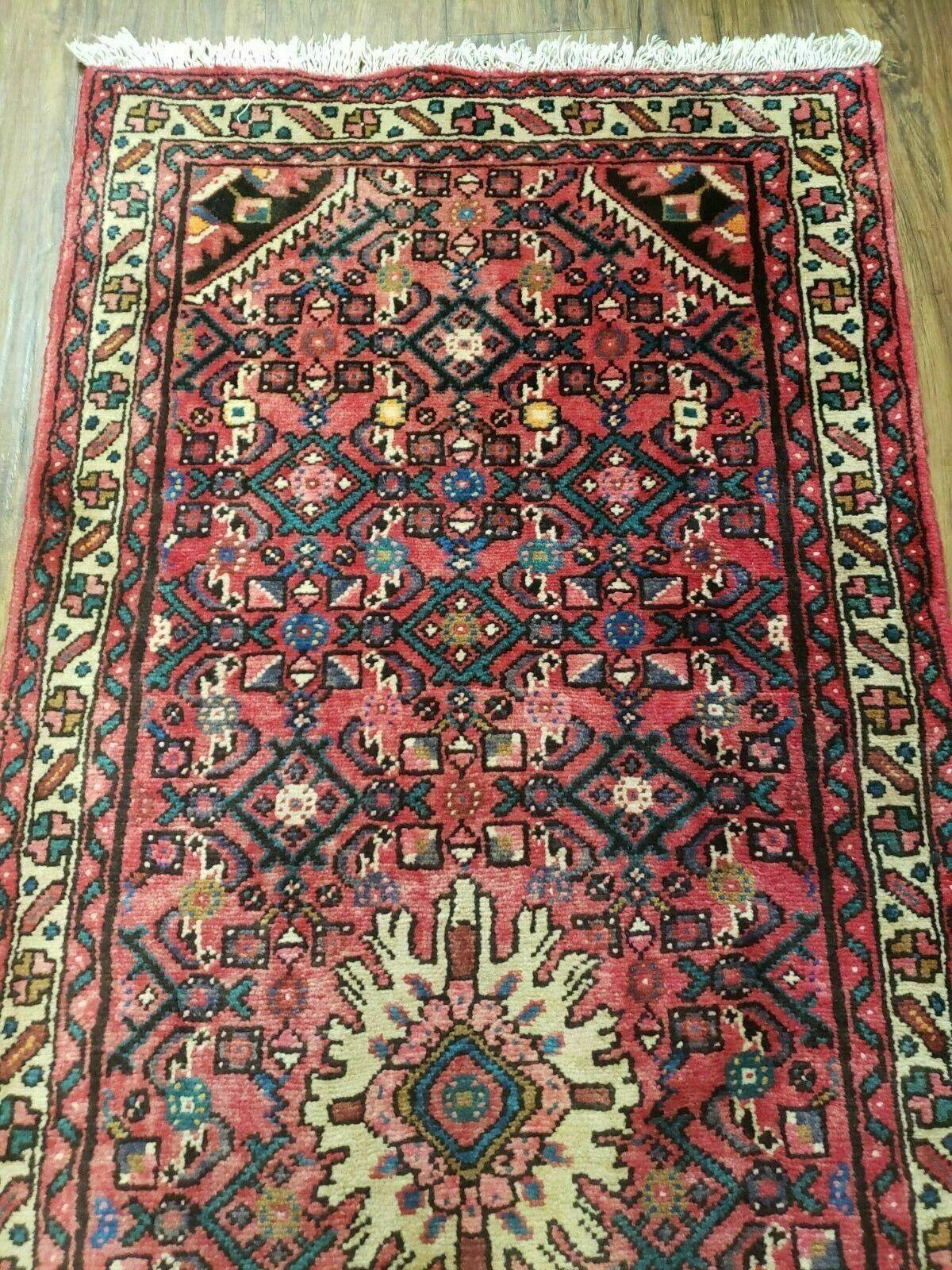 Persian Hamadan Runner Rug 2.8 x 14, Red, Vintage Handmade Wool Runner Rug